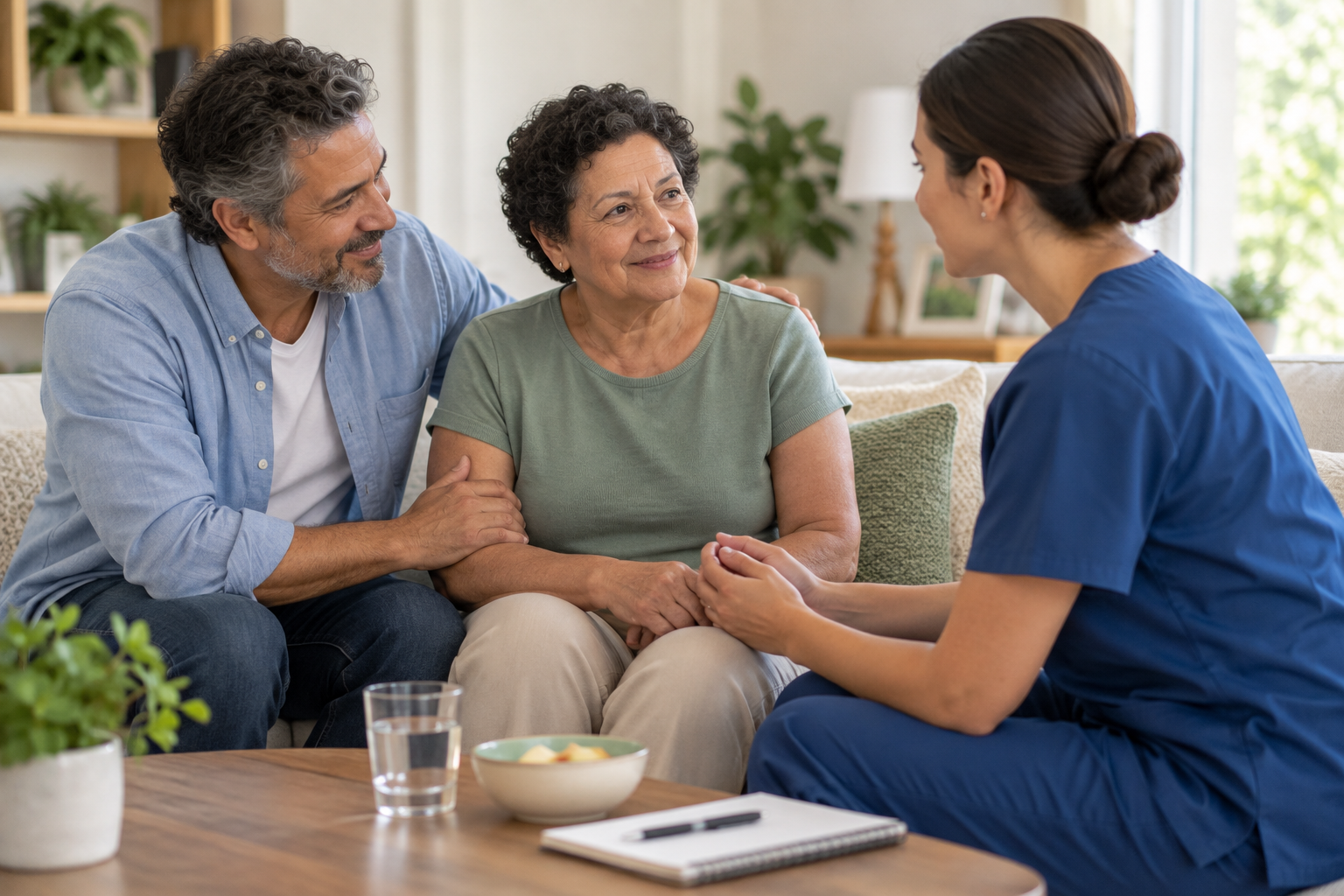 Família acompanhando uma mulher adulta em conversa com uma profissional de saúde, em ambiente doméstico